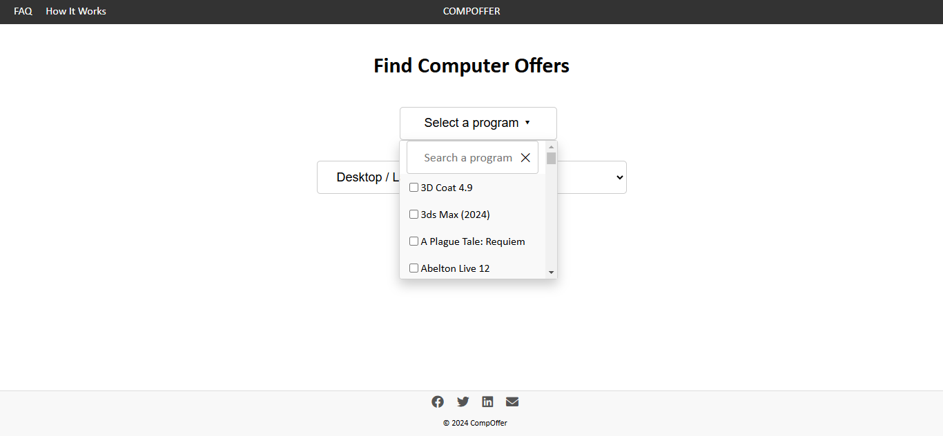 CompOffer program list dropdown showing available software like Adobe Photoshop, DaVinci Resolve, Unreal Engine.