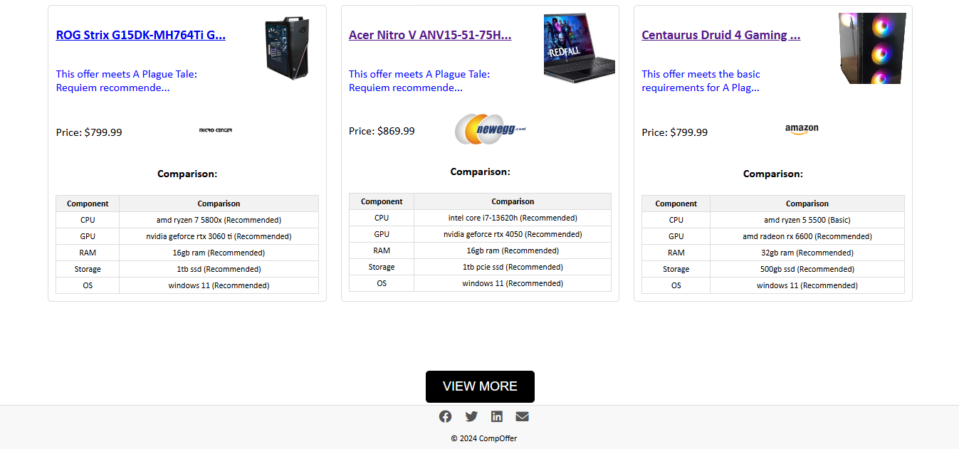 Results for program selection including offers, component comparisons, and tags like recommended and basic